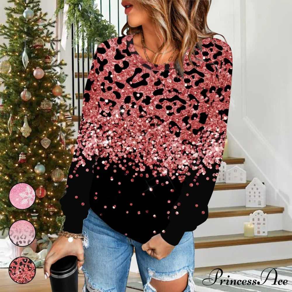 Gradual Change Sequin Printing Round Neck Long Sleeve Sweater