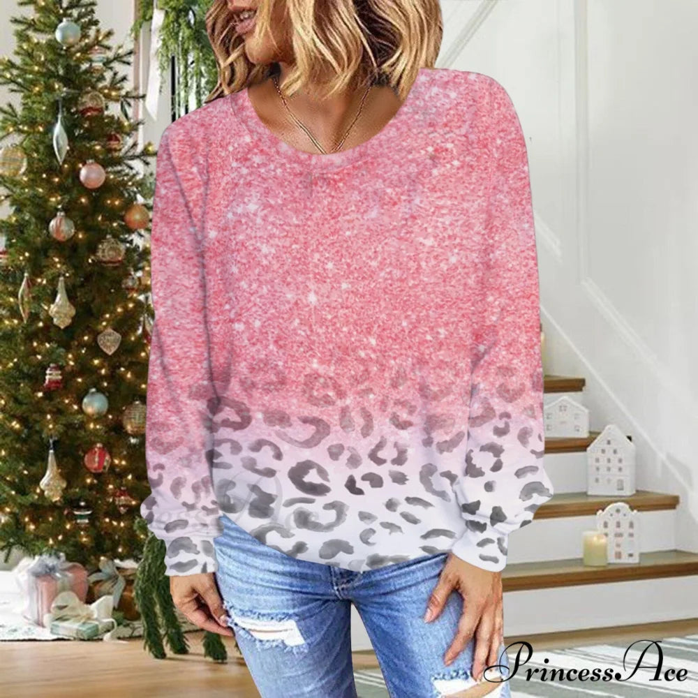 Gradual Change Sequin Printing Round Neck Long Sleeve Sweater Pink / S