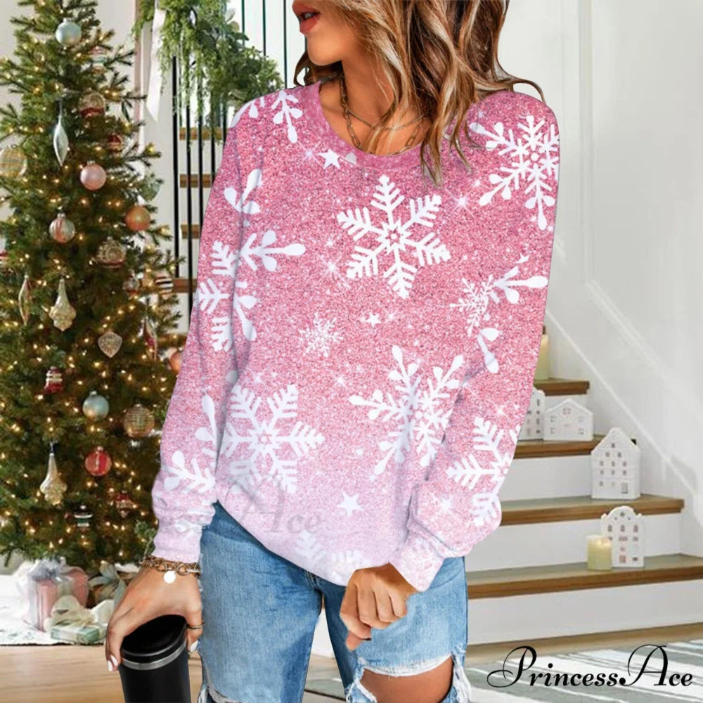 Gradual Change Sequin Printing Round Neck Long Sleeve Sweater White / S