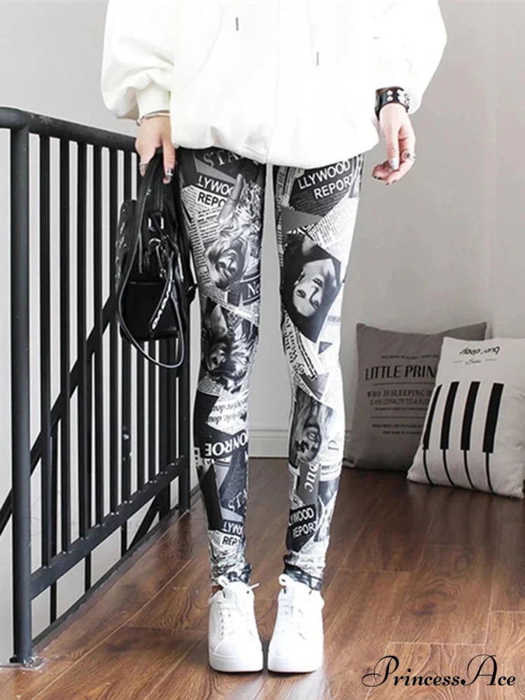 Graffiti Floral Patterned Print Elastic Design Leggings GRAY / S