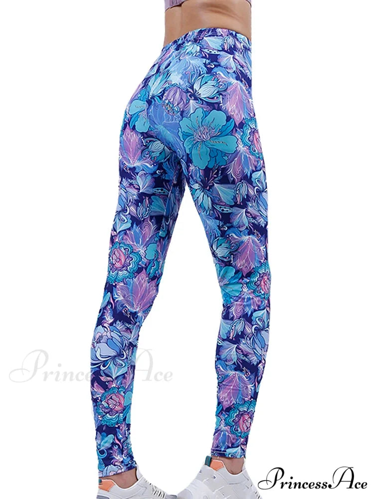 Graffiti Floral Patterned Print Elastic Design Leggings SKY BLUE / S