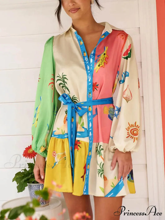 Graffiti Print Lace-Up Cardigan Loose Trendy Short Dress With Wide Hem Multi-Color / S