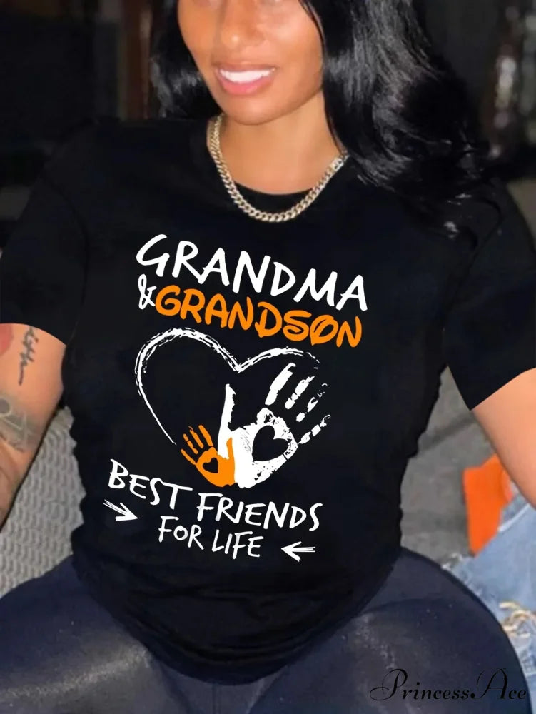 Grandma & Grandson Print Women’s Drop Shoulder Short Sleeve Crew Neck Top T-shirt BLACK / S