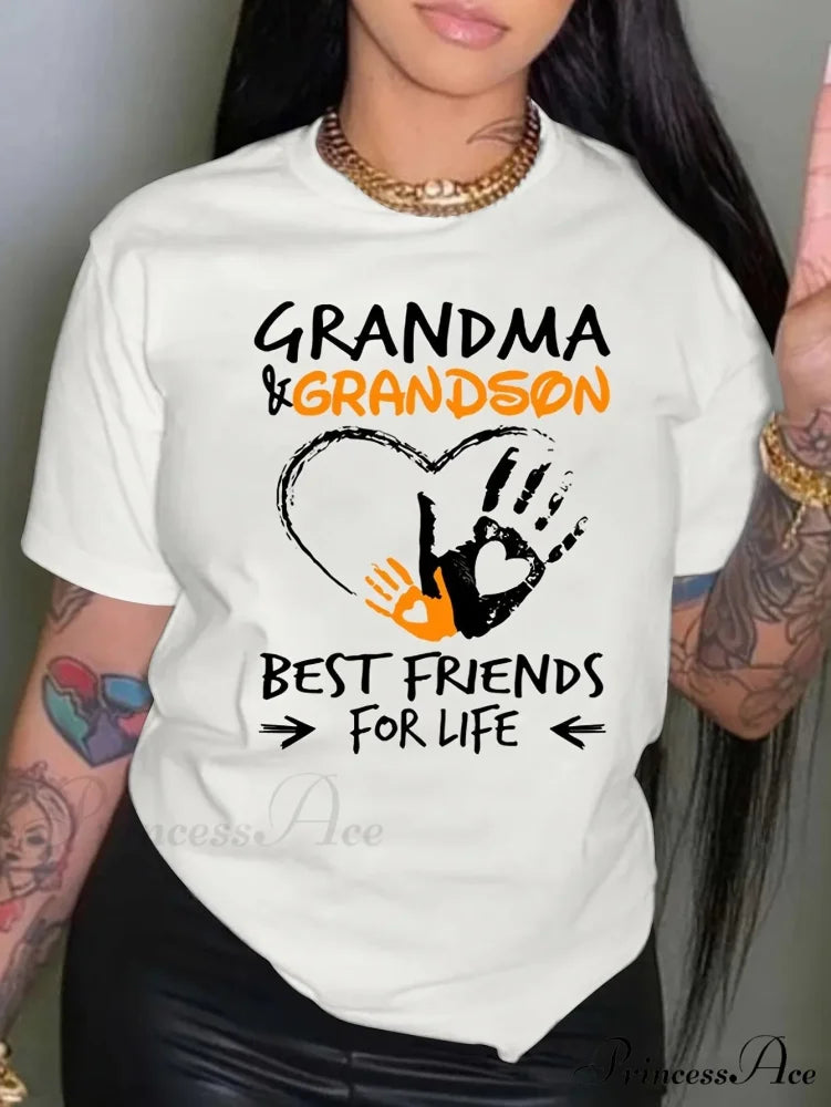 Grandma & Grandson Print Women’s Drop Shoulder Short Sleeve Crew Neck Top T-shirt WHITE / S