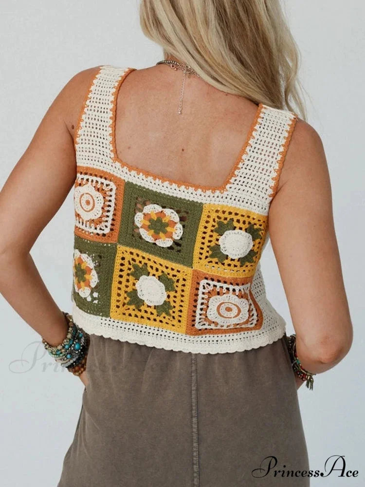 Granny Square Crochet Floral Embroidery Cami Top Modified Output: Elderly Square Knitted Flower Stitched Camisole Top