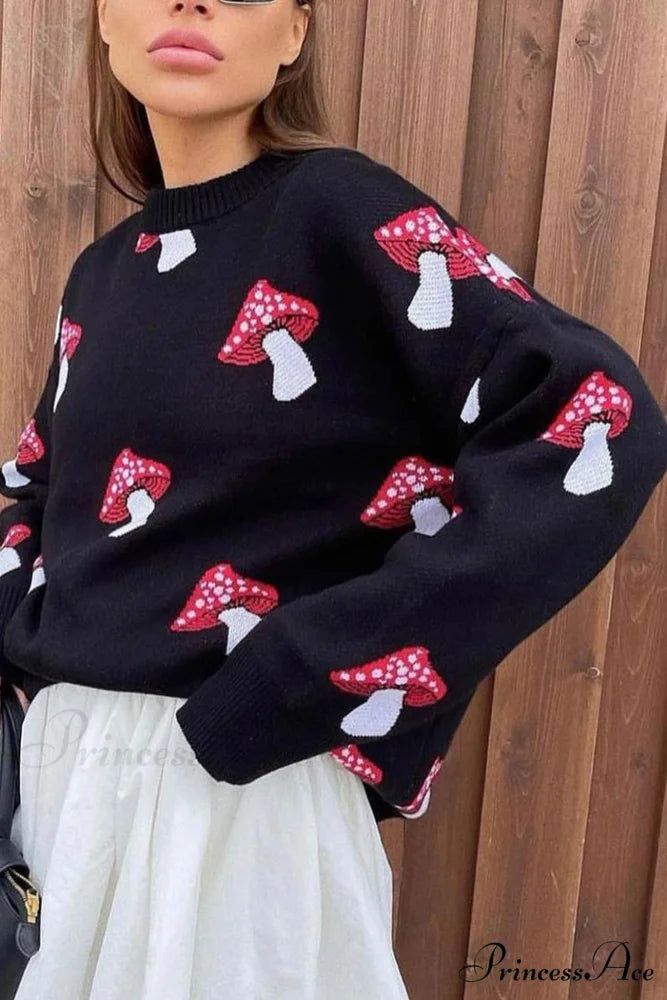 Graphic Mushroom Pullover Sweater Black / M