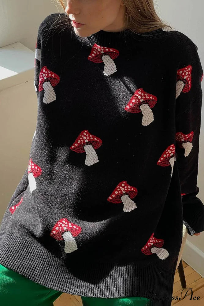 Graphic Mushroom Pullover Sweater Black / S
