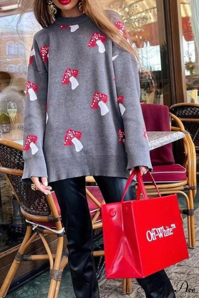 Graphic Mushroom Pullover Sweater Grey / L