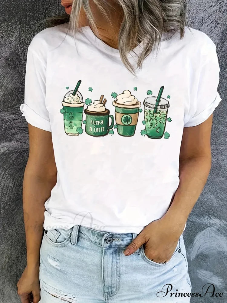 Graphic Print Short Sleeve St. Patrick’s Day Coffee Women’s Summer & Spring T-shirt WHITE / S