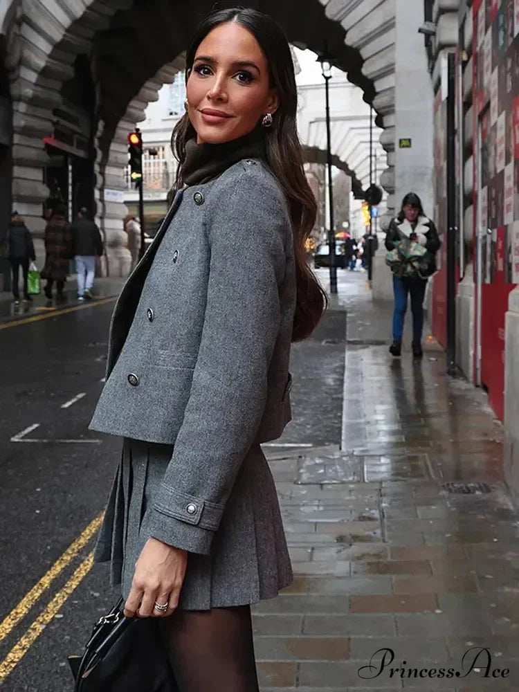 Gray Circular Neck Folded Short Skirt Jacket grey / S coats-241228