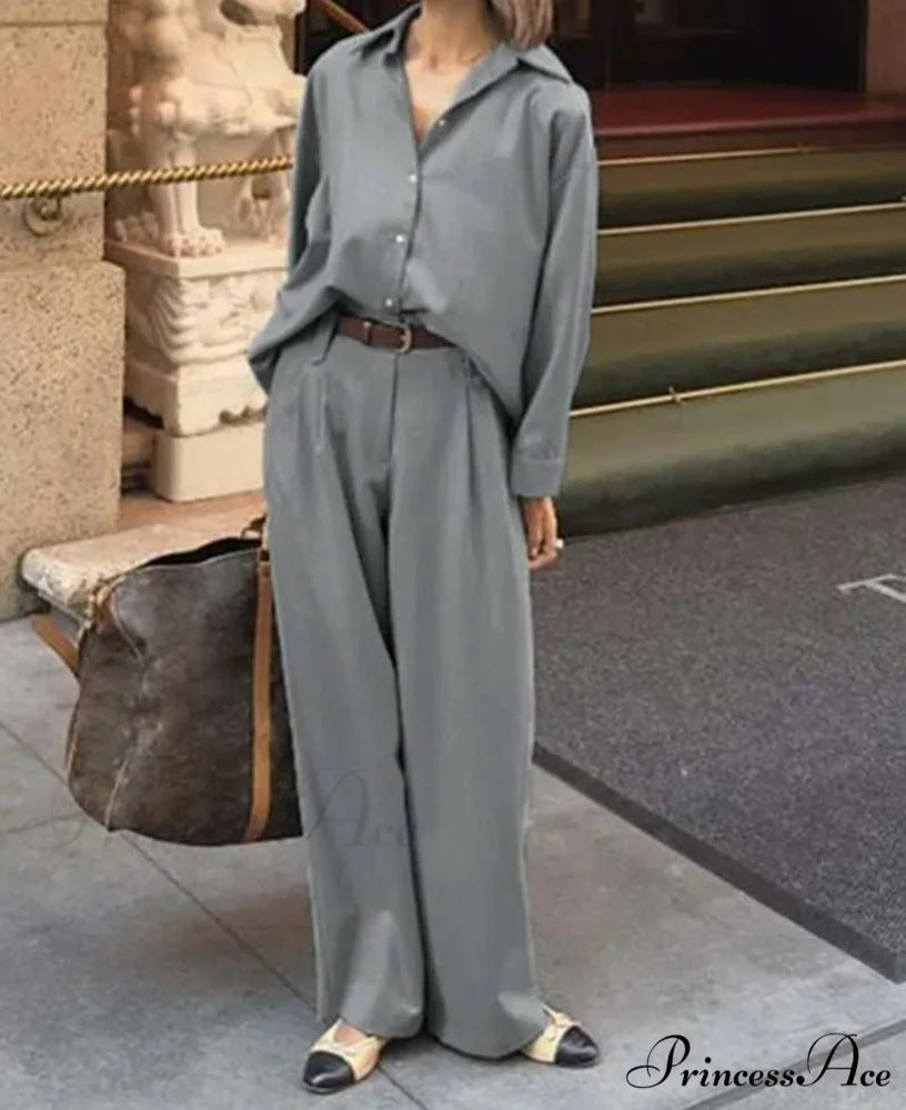 Gray Collar Button Basic Pants Office Two Piece Set officetwopieceset-250223