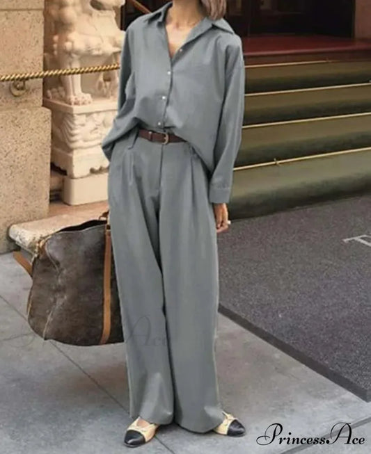 Gray Collar Button Basic Pants Office Two Piece Set officetwopieceset-250223