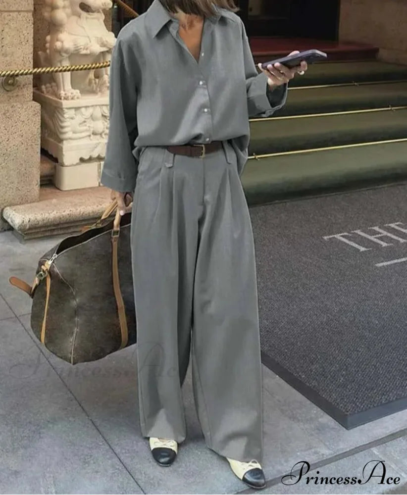 Gray Collar Button Basic Pants Office Two Piece Set GRAY / S officetwopieceset-250223