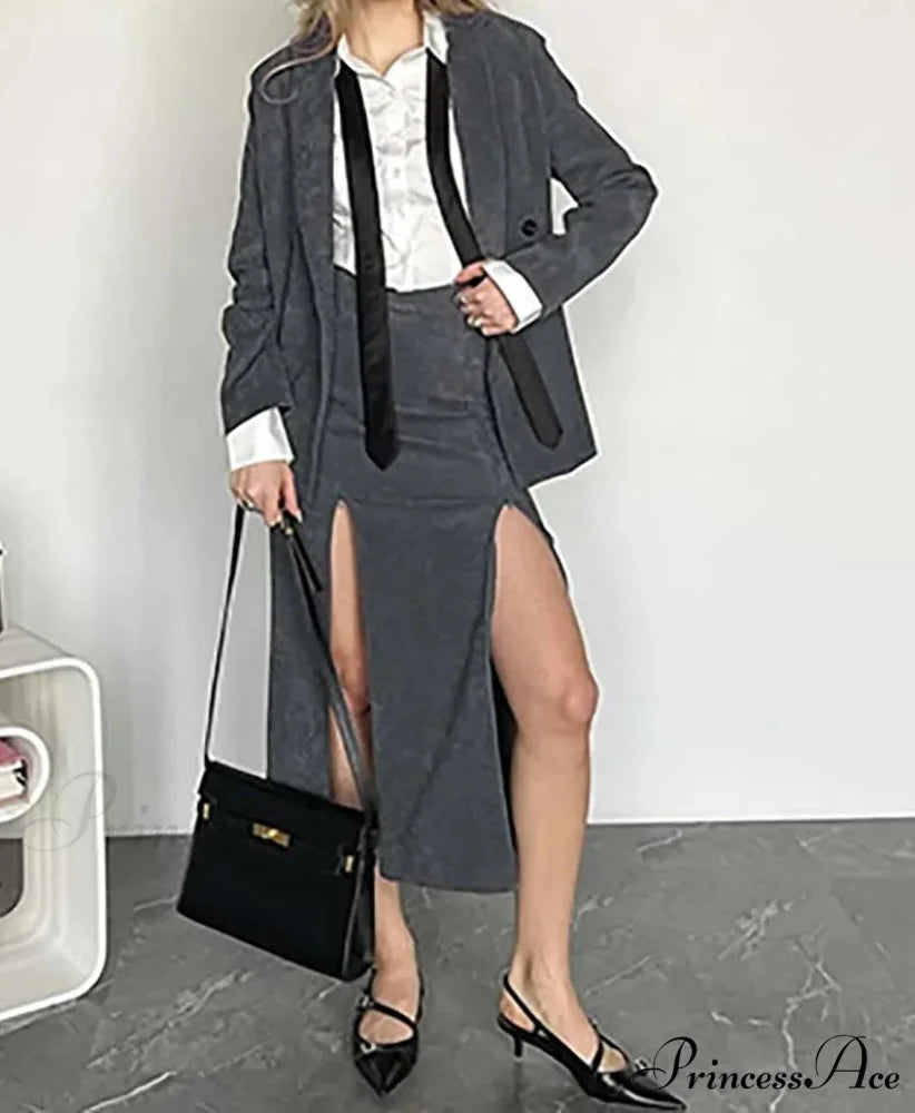 Gray Dual Buttoned Side Opening Business Two Piece Set GRAY / S officetwopieceset-250223