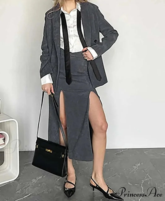 Gray Dual Buttoned Side Opening Business Two Piece Set GRAY / S officetwopieceset-250223