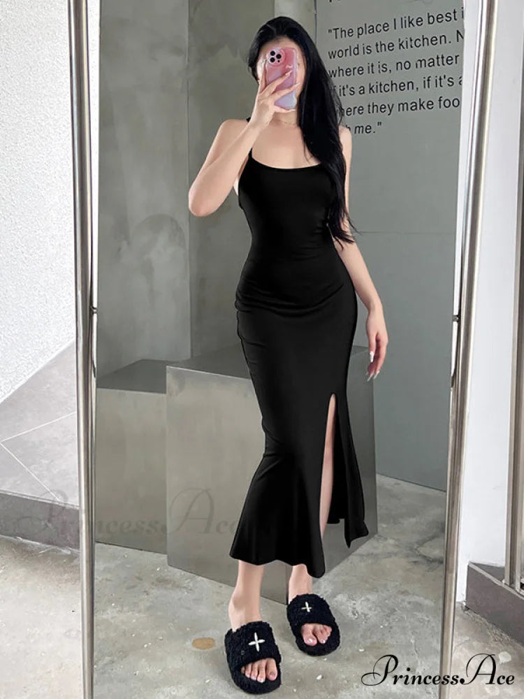 Gray Mermaid Hem Cami Slit Dress L / Black