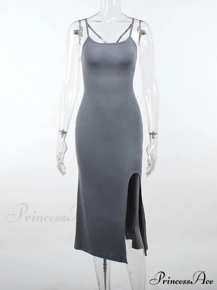 Gray Mermaid Hem Cami Slit Dress M / Black