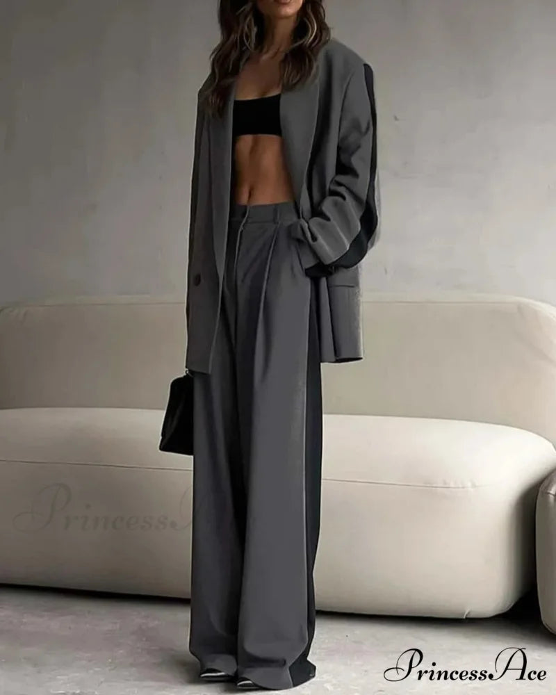Gray Patchwork Blazer Pants Office Two Piece Set officetwopieceset-250223