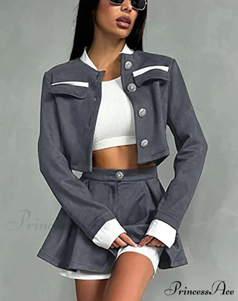 Gray Patchwork Crop Pleated Mini Workplace Two Piece Set officetwopieceset-250223