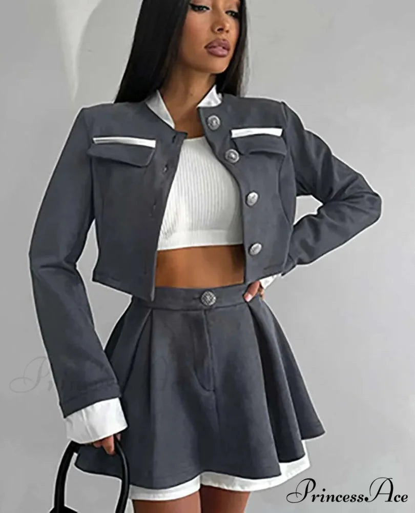 Gray Patchwork Crop Pleated Mini Workplace Two Piece Set GRAY / S officetwopieceset-250223
