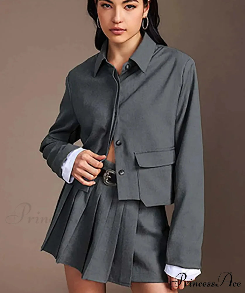 Gray Patchwork Pleated Mini Workplace Two Piece Set GRAY / S officetwopieceset-250223