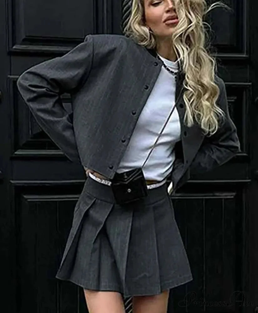 Gray Pattern Round Neck Folded Mini Work Two Piece Set GRAY / S officetwopieceset-250223