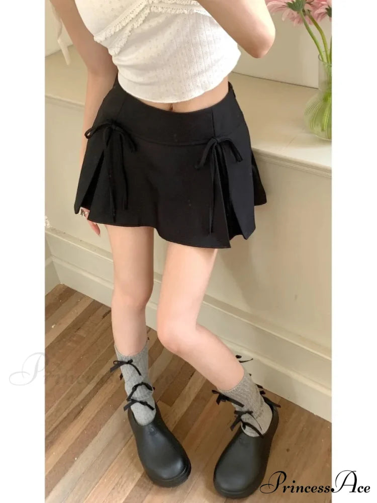 Gray Ribbon Folded Retro Skirt Black / XS skirts-250223