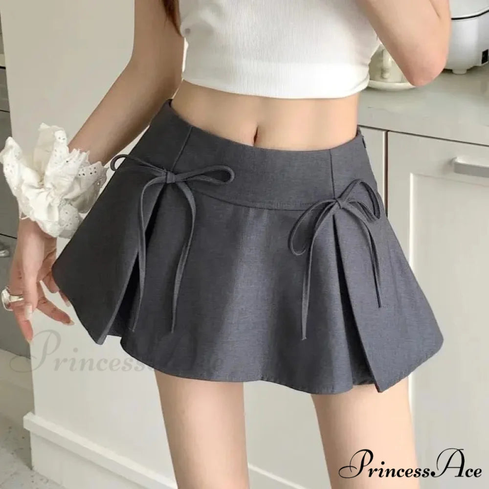 Gray Ribbon Folded Retro Skirt Grey / XS skirts-250223