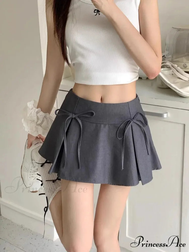 Gray Ribbon Folded Retro Skirt skirts-250223