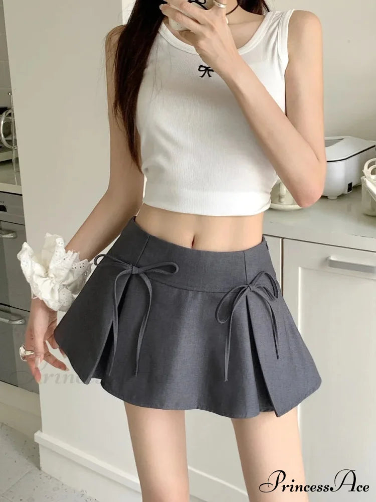 Gray Ribbon Folded Retro Skirt skirts-250223