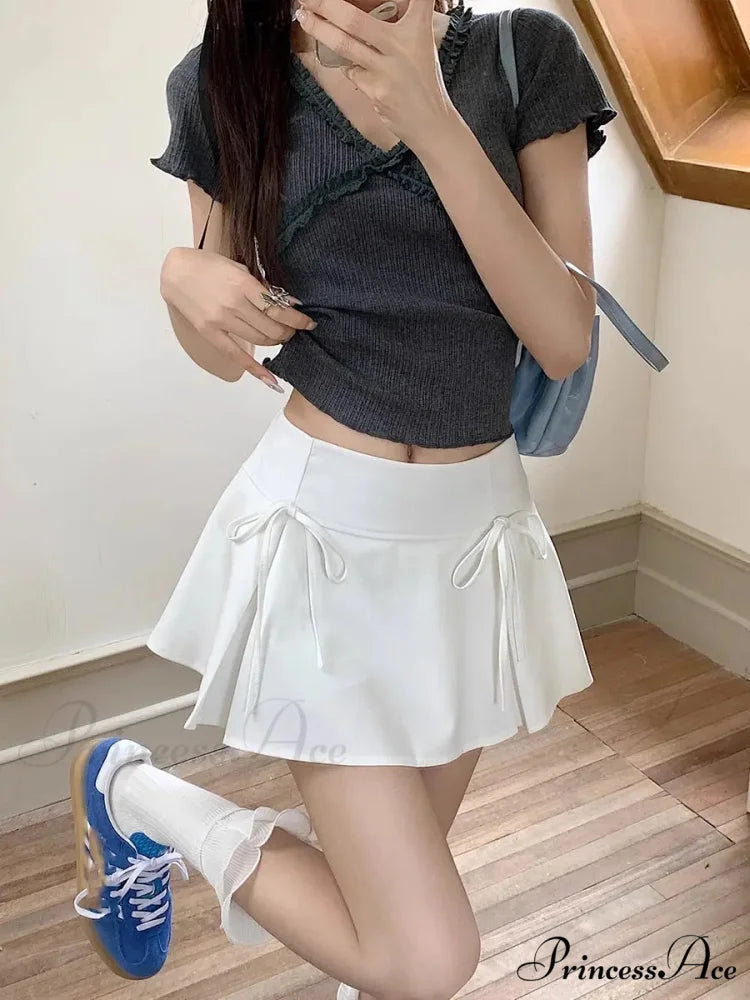 Gray Ribbon Folded Retro Skirt White / XS skirts-250223