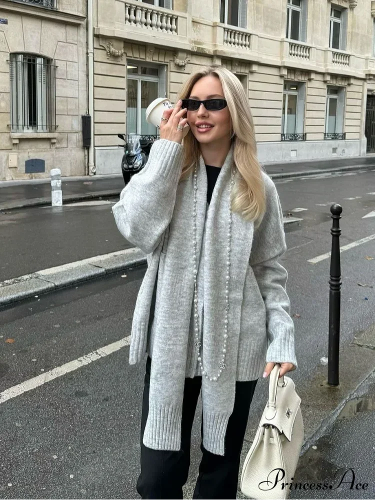 Gray Scarf Collar Baggy Cashmere Cardigan cardigans-241228