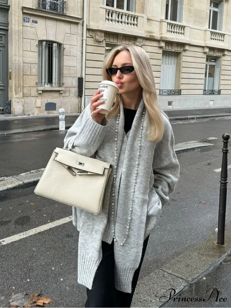 Gray Scarf Collar Baggy Cashmere Cardigan cardigans-241228