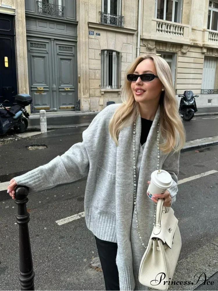 Gray Scarf Collar Baggy Cashmere Cardigan cardigans-241228