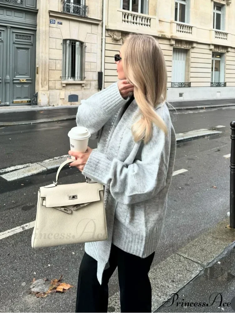 Gray Scarf Collar Baggy Cashmere Cardigan cardigans-241228