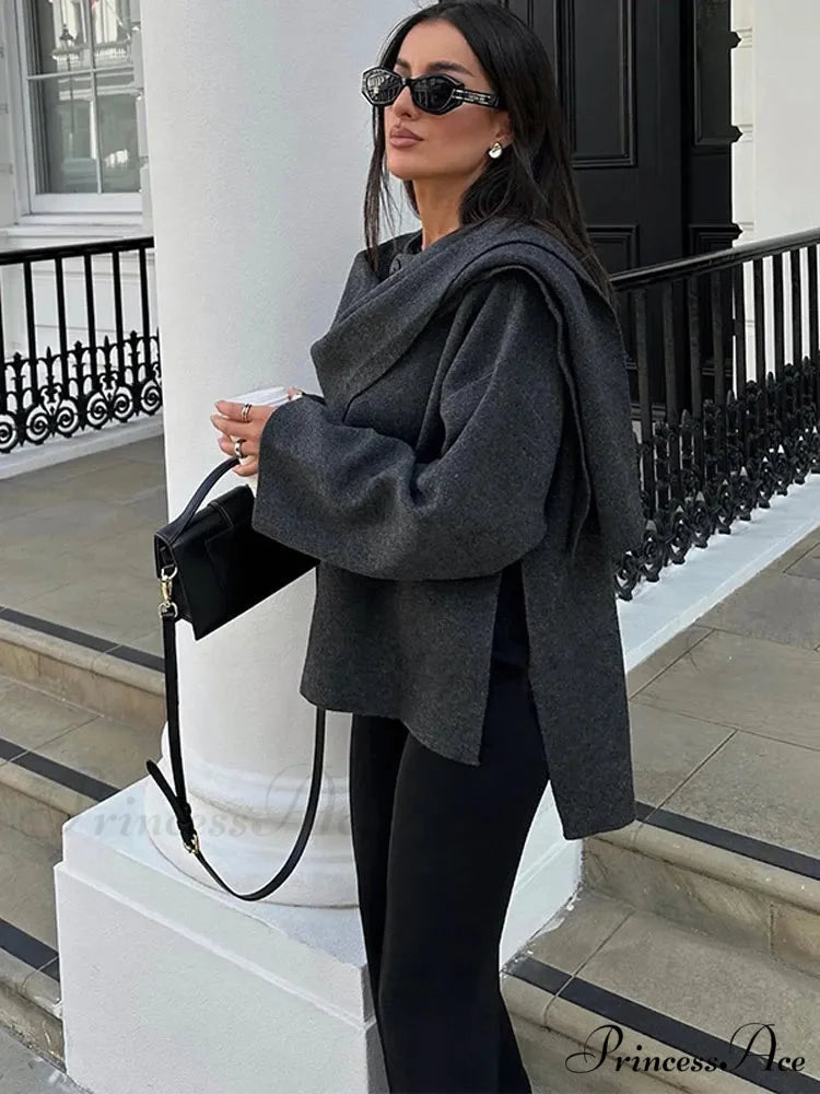 Gray Scarf Collar Woolen Jacket coats-241228