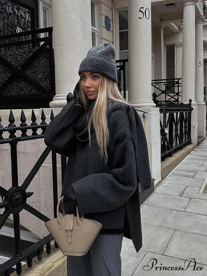 Gray Scarf Collar Woolen Jacket coats-241228