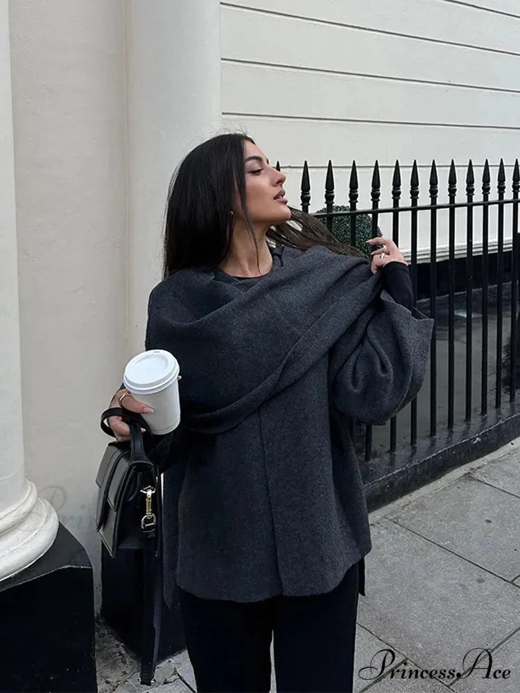 Gray Scarf Collar Woolen Jacket coats-241228