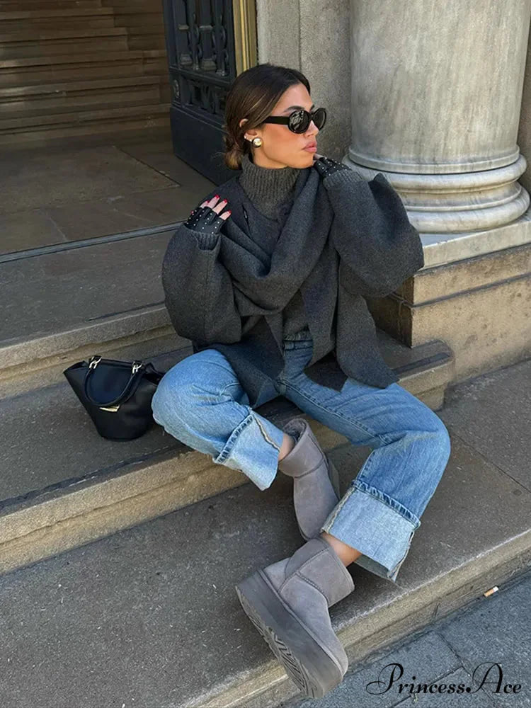 Gray Scarf Collar Woolen Jacket coats-241228