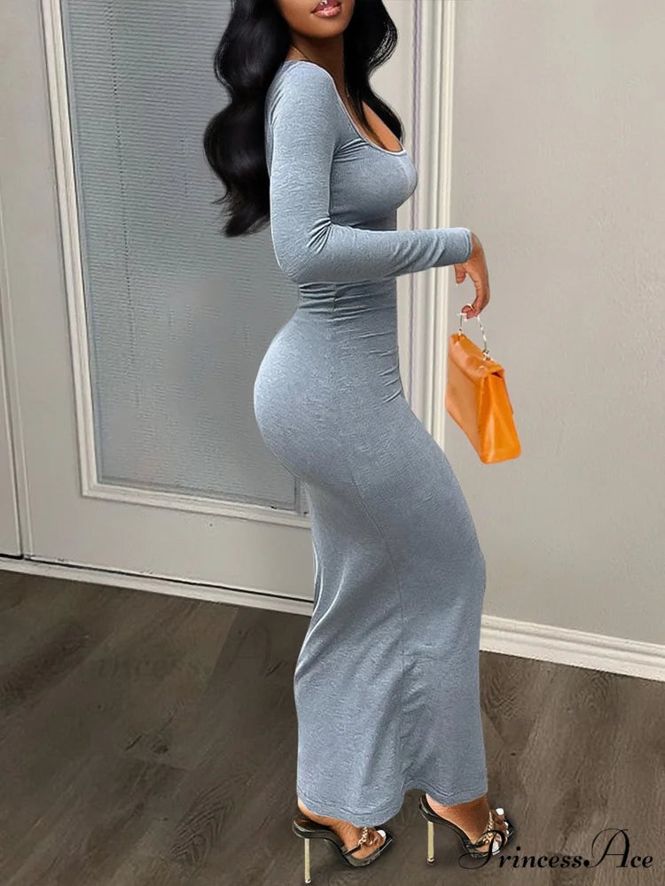 Gray Square Neck Bodycon Dress - Long Sleeve S / Pink
