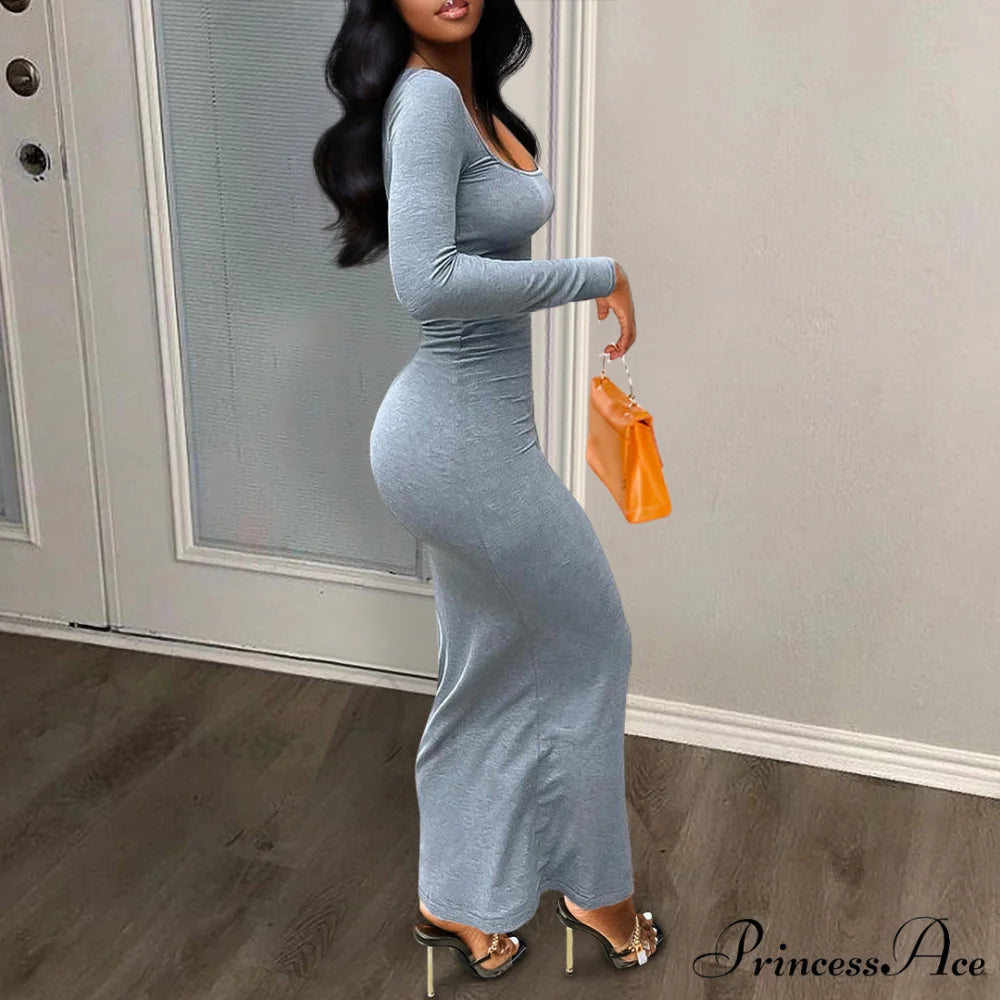 Gray Square Neck Bodycon Dress - Long Sleeve XS / Gray