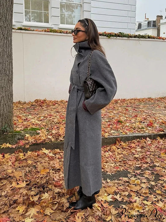Gray Tall Neck Extended Woolen Coat Grey / S coats-241228