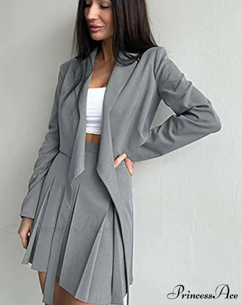 Gray Tied Pleated Mini Work Two Piece Set officetwopieceset-250223