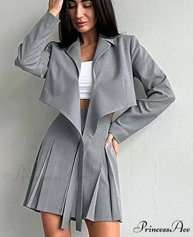 Gray Tied Pleated Mini Work Two Piece Set GRAY / S officetwopieceset-250223