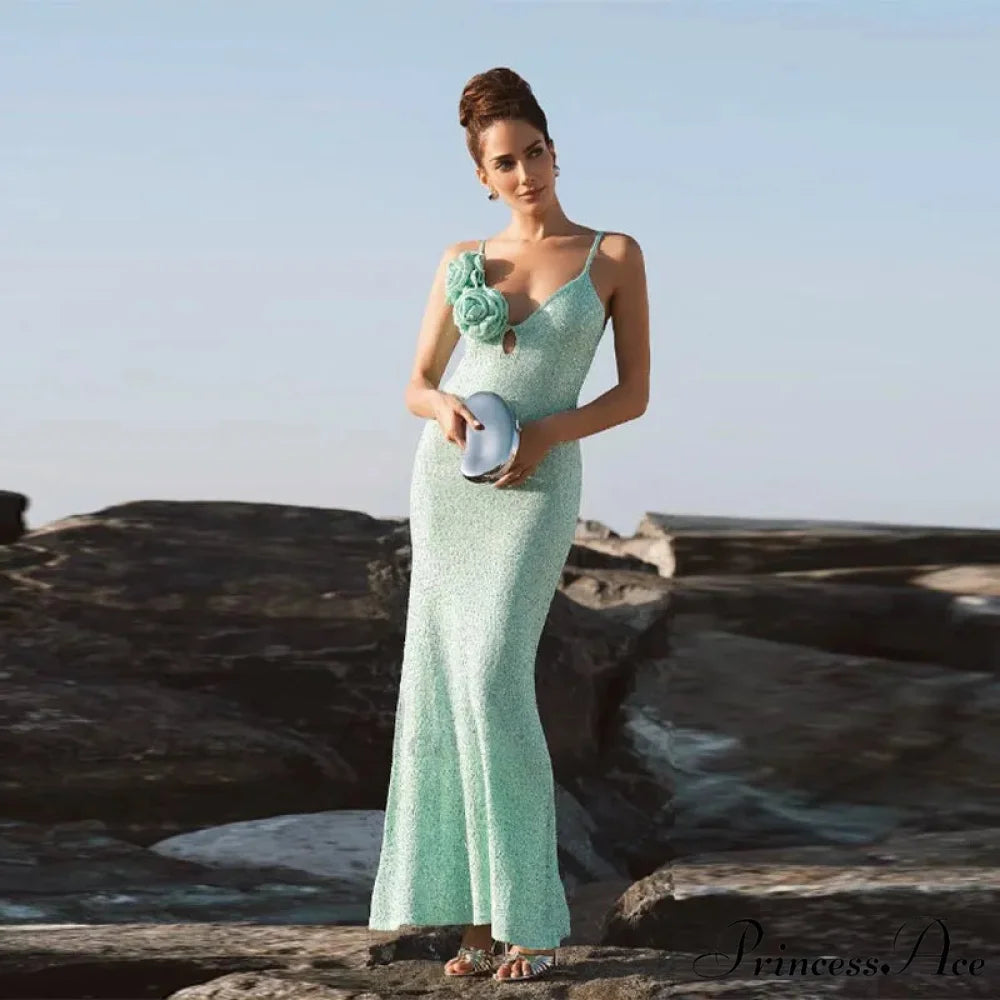 Green 3D Flower Charming Sequin Cami Maxi Dress