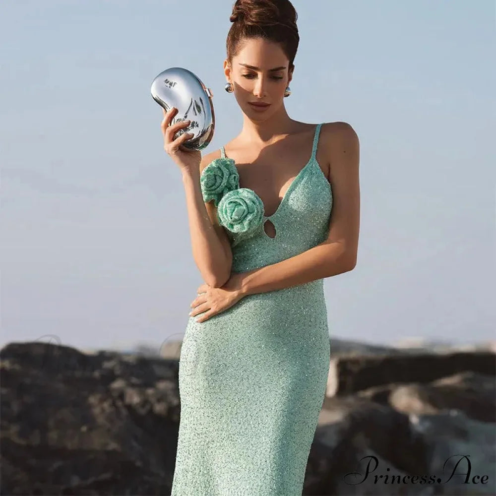 Green 3D Flower Charming Sequin Cami Maxi Dress