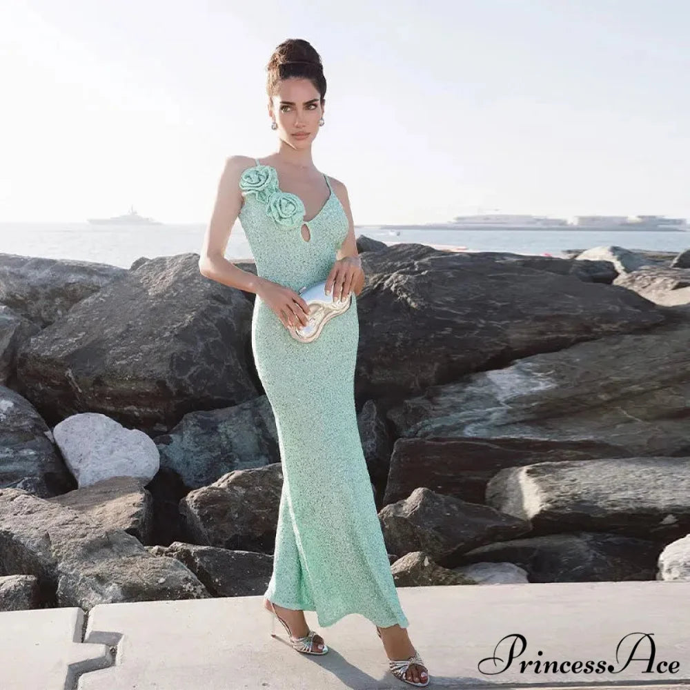 Green 3D Flower Charming Sequin Cami Maxi Dress