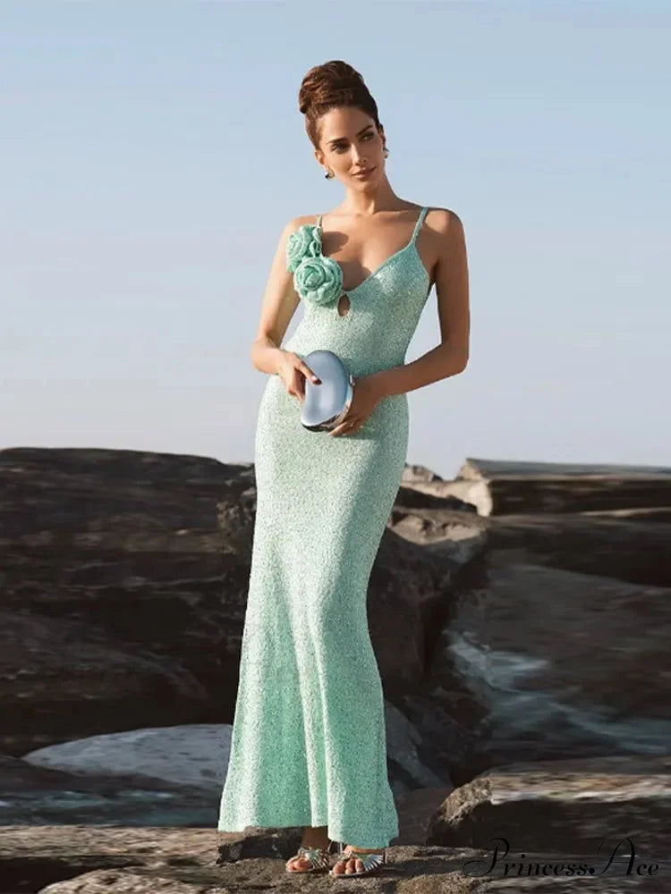 Green 3D Flower Charming Sequin Cami Maxi Dress Green / S