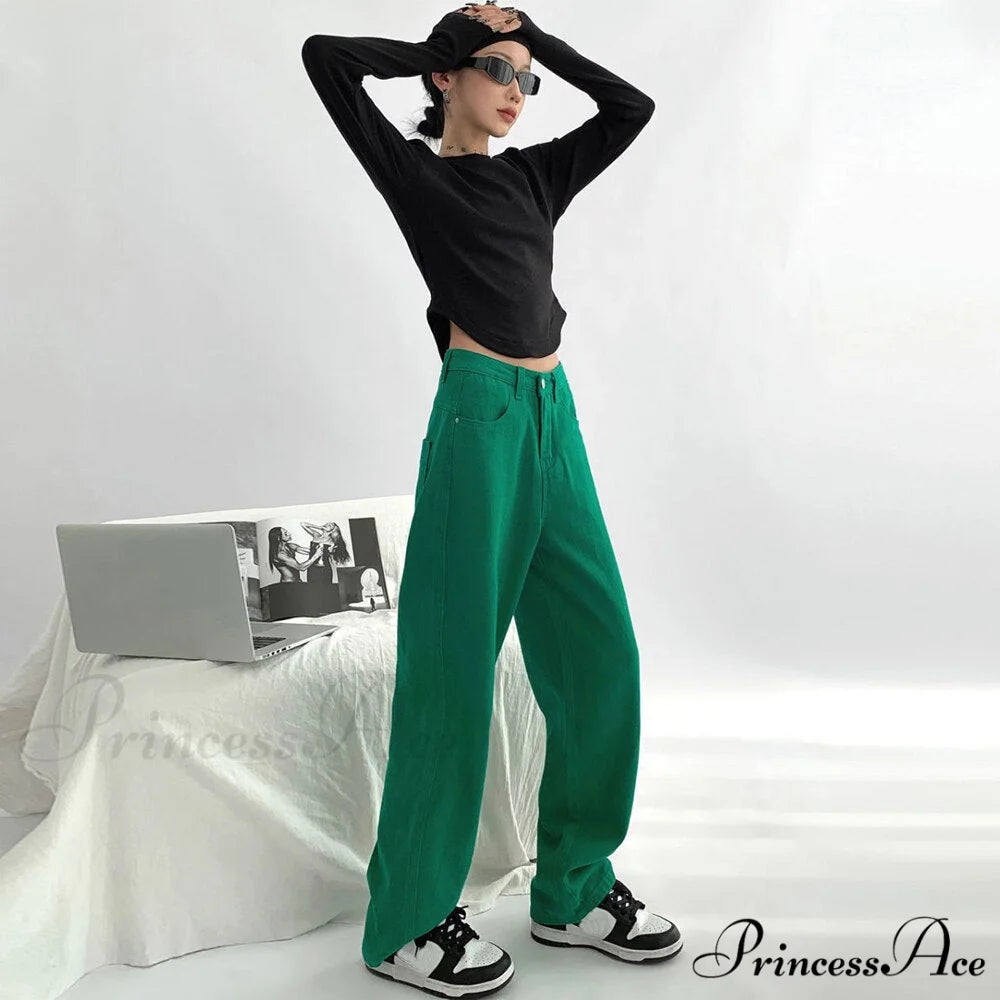 Green Baggy Waist Wide Leg Jeans Straight Denim Pants