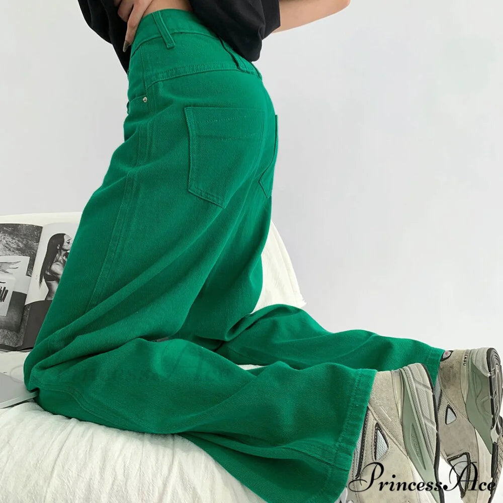 Green Baggy Waist Wide Leg Jeans Straight Denim Pants